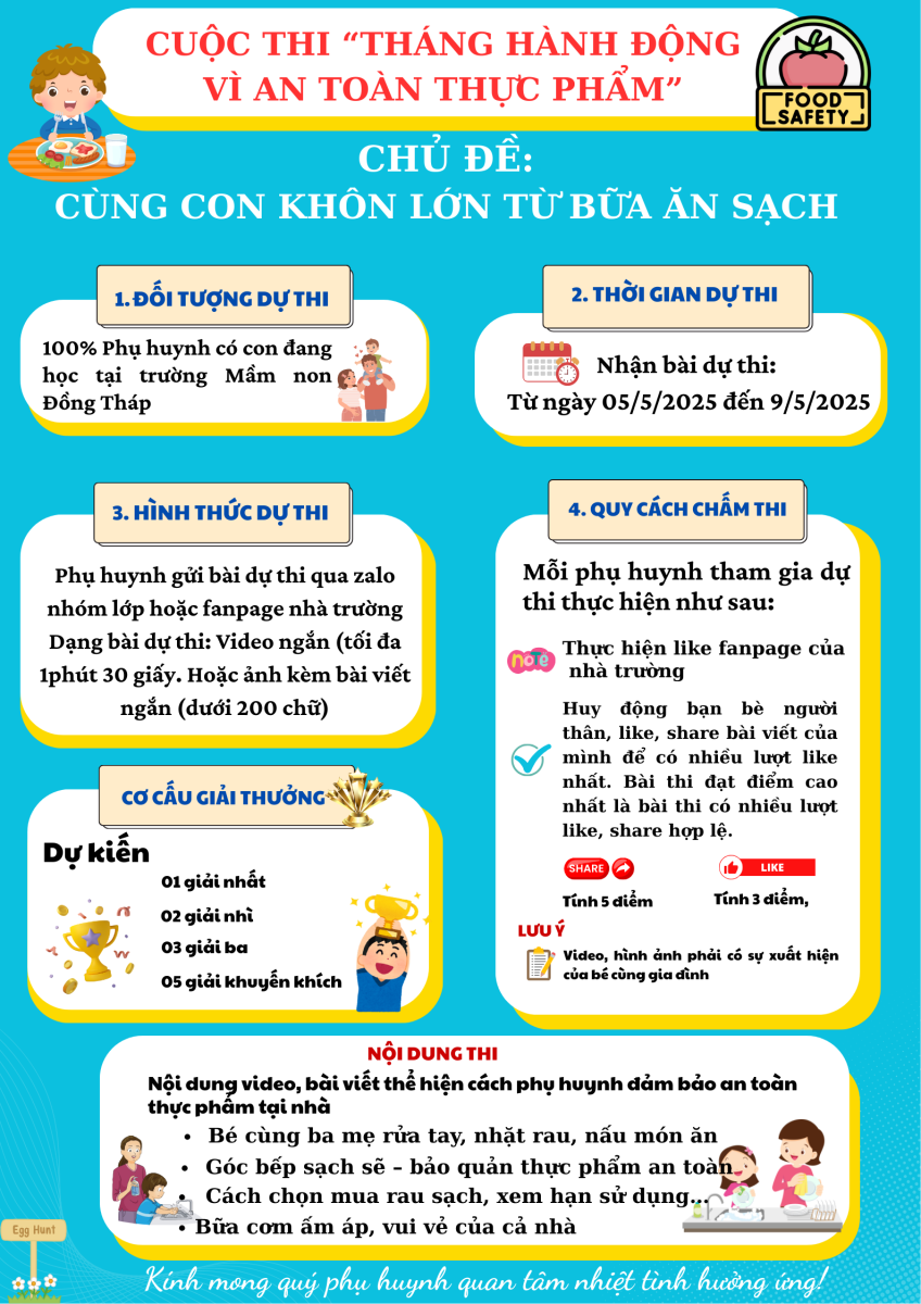 CUỘC THI ONLINE DÀNH CHO PHỤ HUYNH – TRƯỜNG MẦM NON ĐỒNG THÁP Chủ đề: “Cùng con khôn lớn từ bữa ăn sạch”