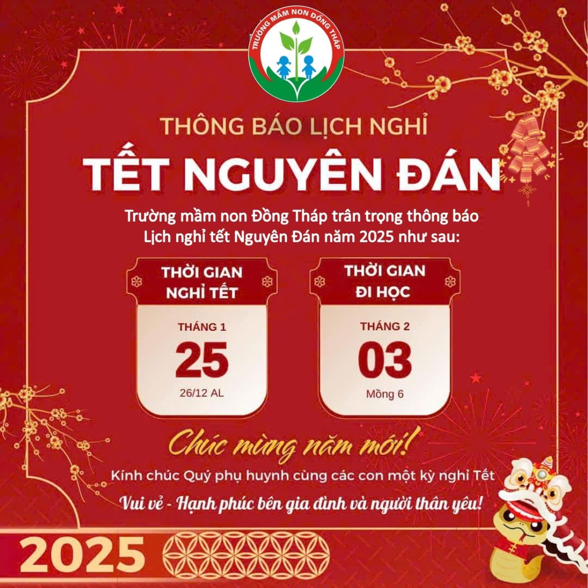 THÔNG BÁO NGHỈ TẾT NGUYÊN ĐÁN 2025 